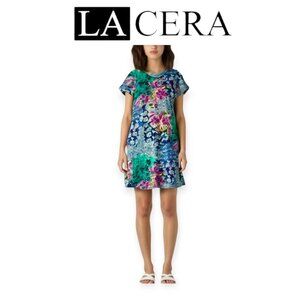 La Cera Blue Pink Floral A-Line Dress Short Sleeve Cotton Casual Summer S